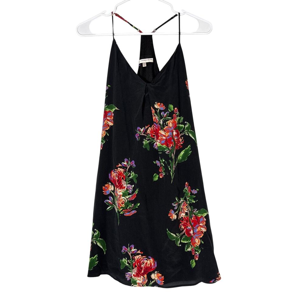 Y2K 100% Silk Floral Slip Dress Womens Small Black Spaghetti Straps Racerback